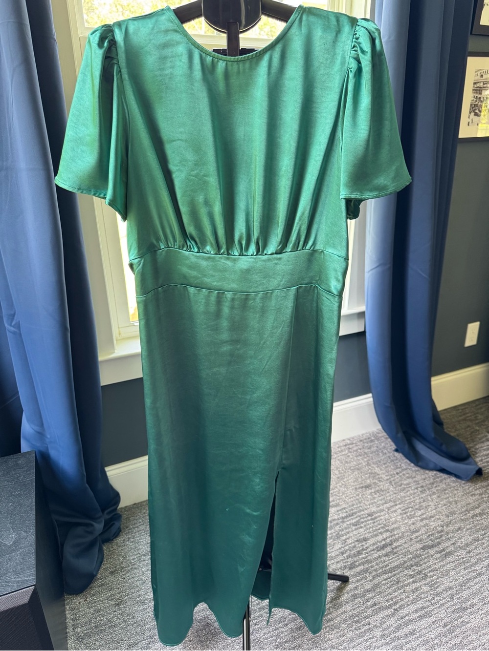 Sugarlips Emerald Satin Puff Sleeve Front Slit Midi Dress Size XL